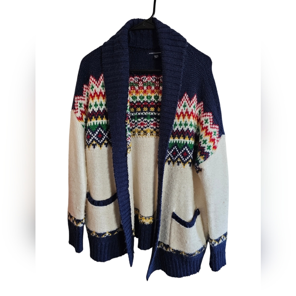 American Eagle Mens Medium Fair Isle Shawl Collar Cardigan Sweater Wool Blend - Picture 2 of 7